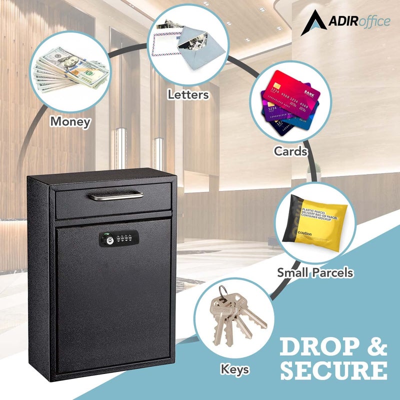 AdirOffice Wall Mount Mailbox - Combination Mailbox with Keys- Durable Wall Mounted Locking Mail Box and Cash Drop Box for House, Apartments and Business After Hours Deposits (Large, Black) - Image 3